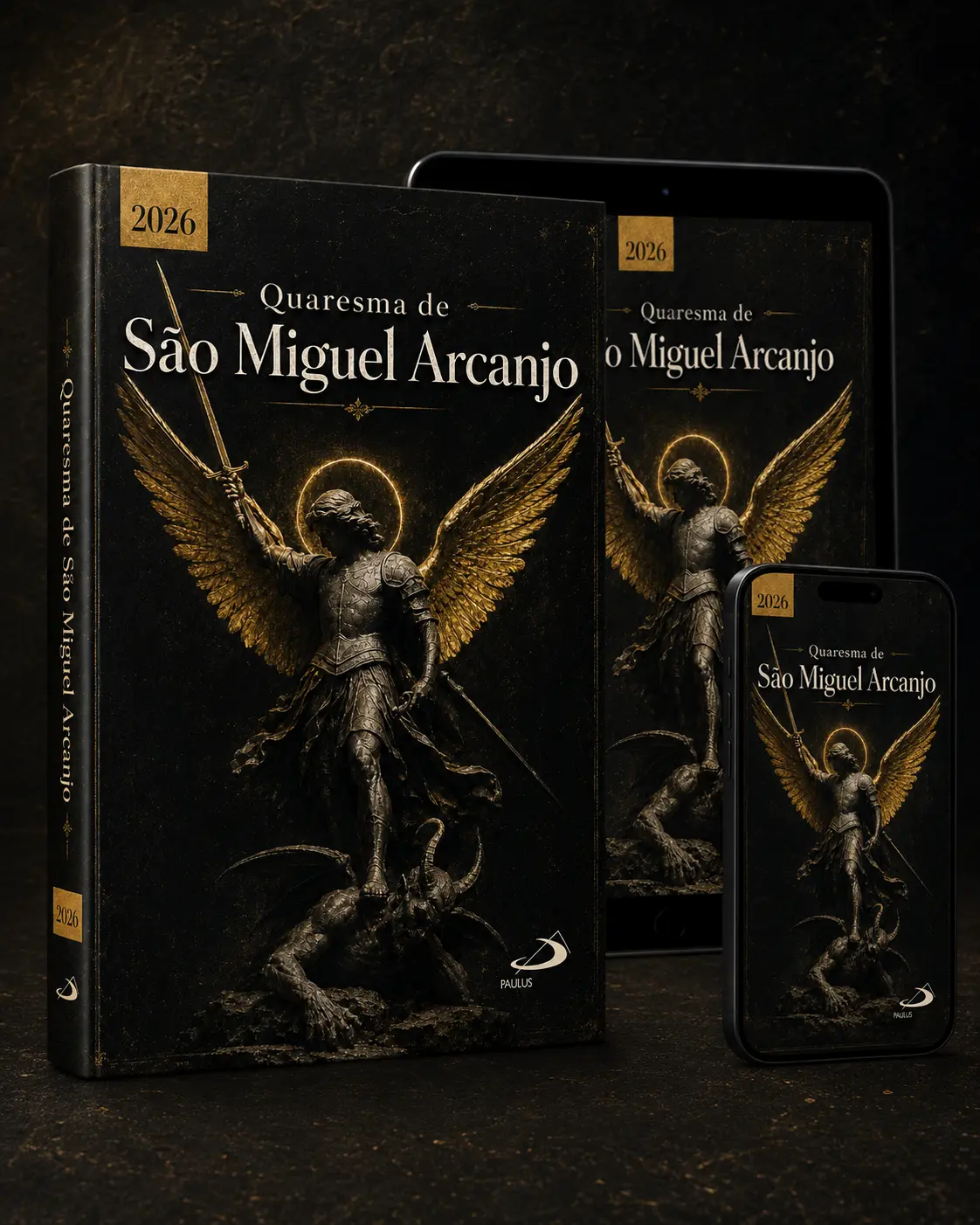 Livro físico e versões digitais da Quaresma de São Miguel Arcanjo 2026 em tablet e celular