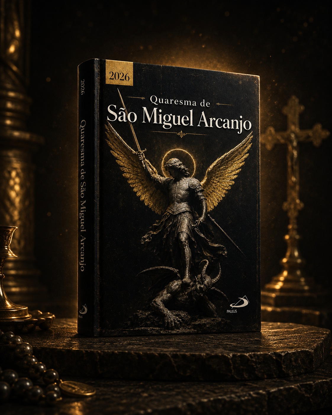 Livro Quaresma de São Miguel Arcanjo 2026 sobre pedestal de pedra, iluminado por luz dourada
